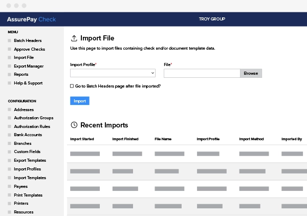 バッチ詳細を表示する AssurePayGraphic インターフェース