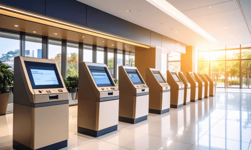 新しい銀行セルフサービス機がずらりと並ぶ コピー