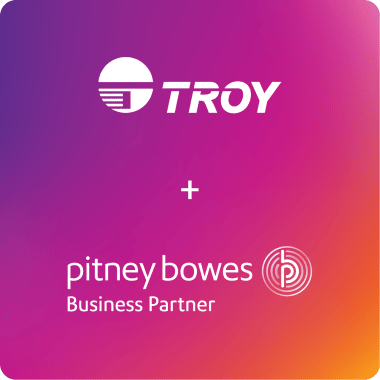 ピンク地にTROYとPitney Bowesのロゴ 